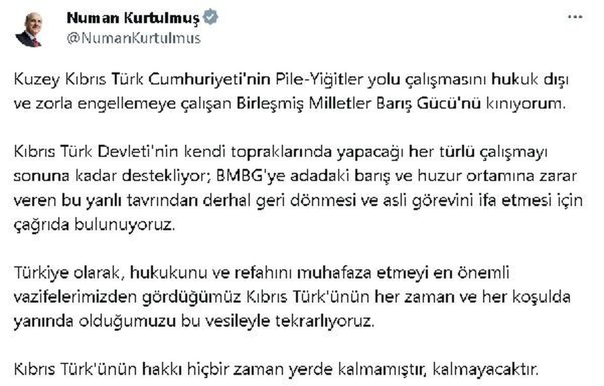 TBMM Başkanı Numan Kurtulmuş, BMBG\'nin KKTC\'deki yol yapımına müdahalesini kınadı