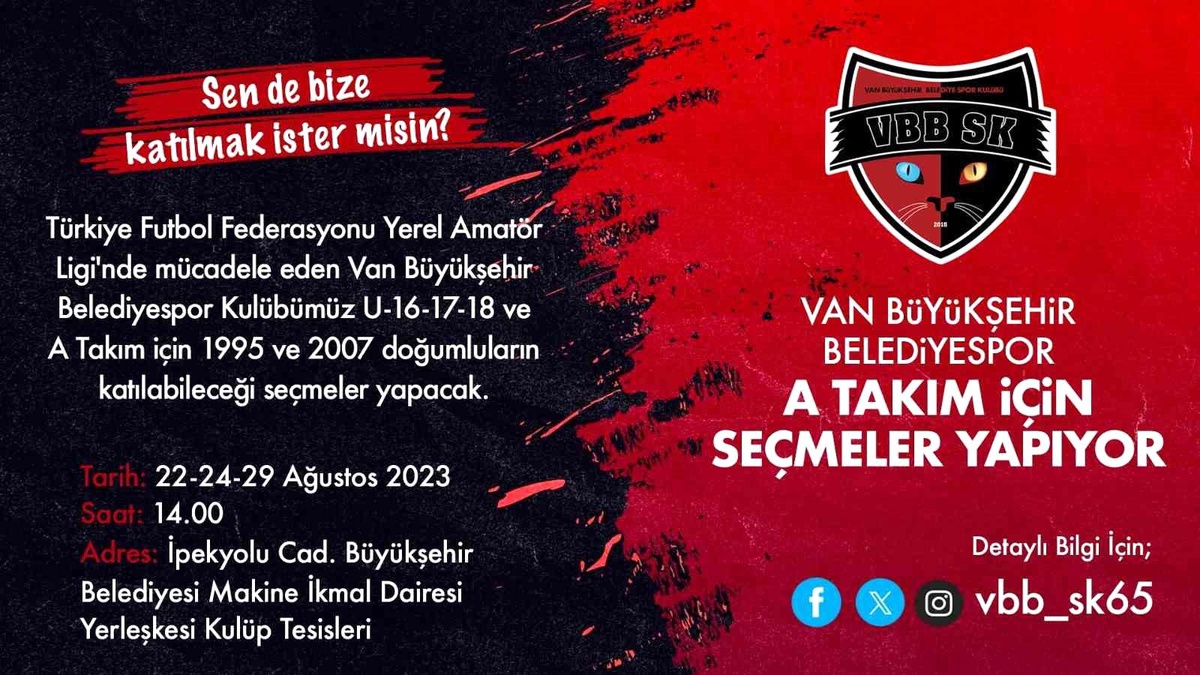 Van Büyükşehir Belediyespor, A Takım ve alt yapı takımları için seçmeler yapacak