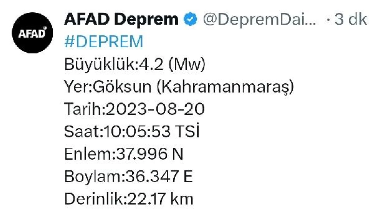 Kahramanmaraş\'ta 4.2 büyüklüğünde deprem