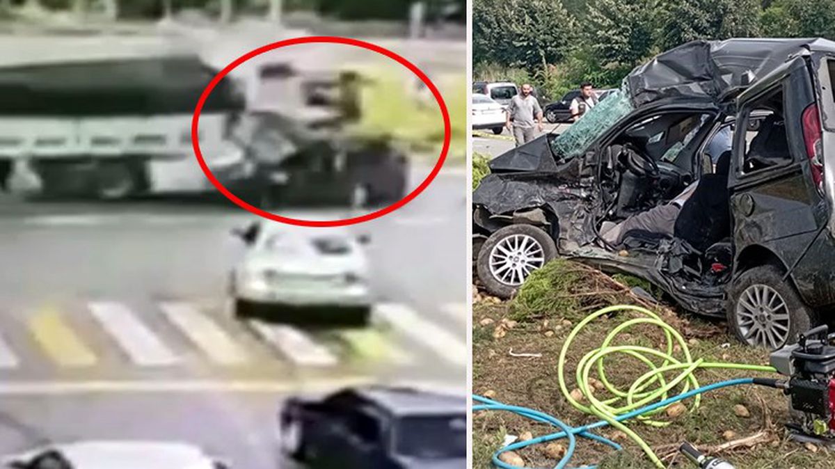 Kırmızı ışıkta geçen tırın otomobili biçtiği kazanın görüntüleri ortaya çıktı