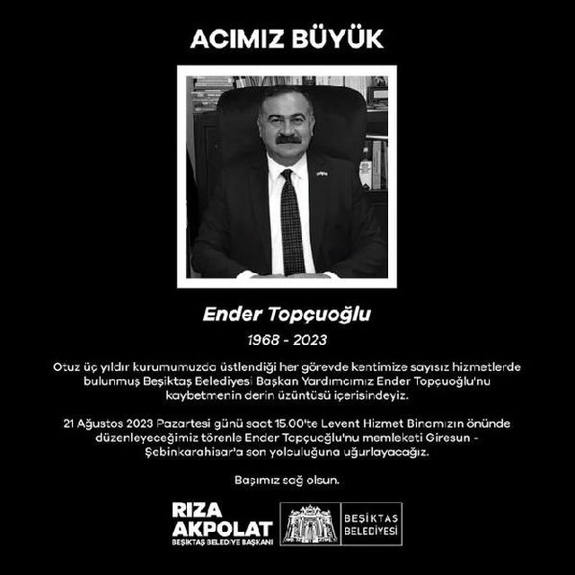 Beşiktaş Belediye Başkan Yardımcısı Topçuoğlu makamında geçirdiği kalp krizi sonucu hayatını kaybetti Beşiktaş Belediye Başkan Yardımcısı Topçuoğlu makamında geçirdiği kalp krizi sonucu hayatını kaybetti