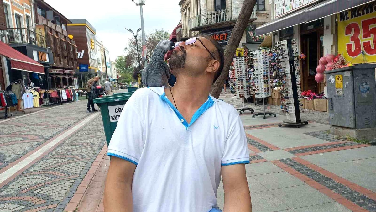 Hayat arkadaşı papağanı ile sokaklarda geziyor