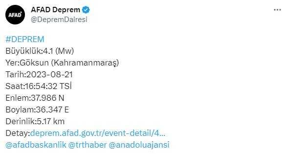 Kahramanmaraş'ın Göksun ilçesinde 4.1 büyüklüğünde deprem