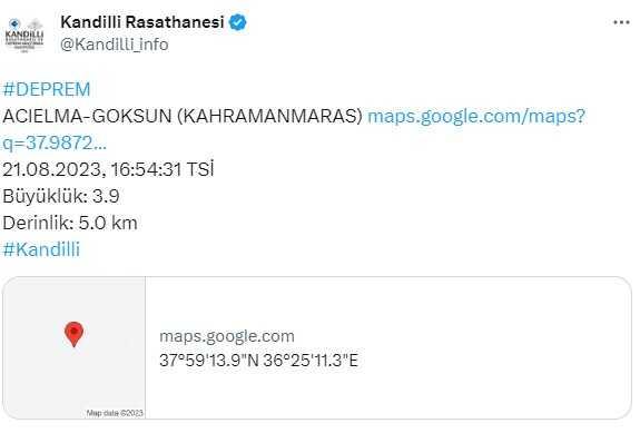 Kahramanmaraş'ın Göksun ilçesinde 4.1 büyüklüğünde deprem