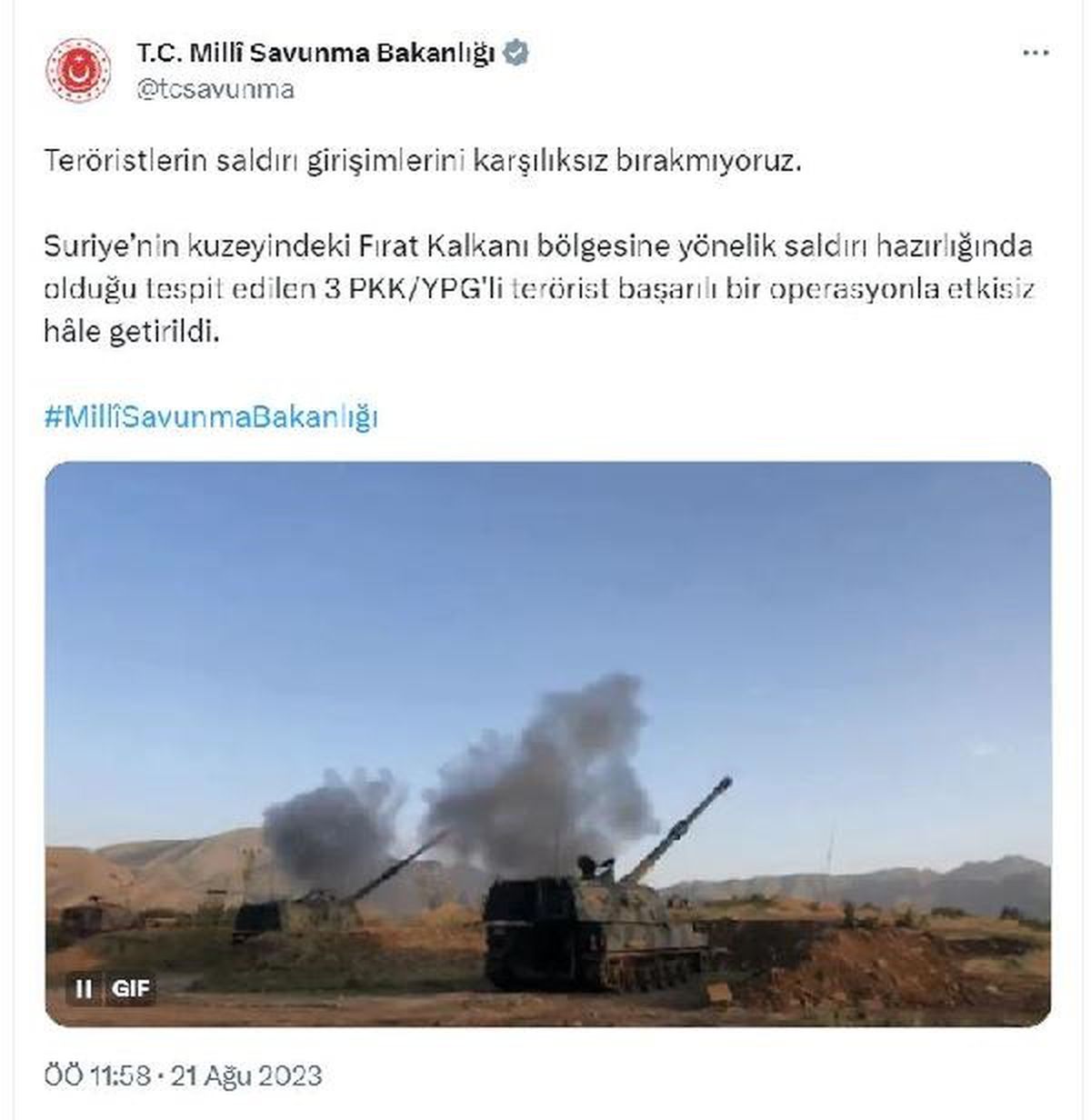 MSB: Fırat Kalkanı bölgesine saldırı hazırlığında olan 3 PKK/YPG\'li terörist etkisiz hale getirildi