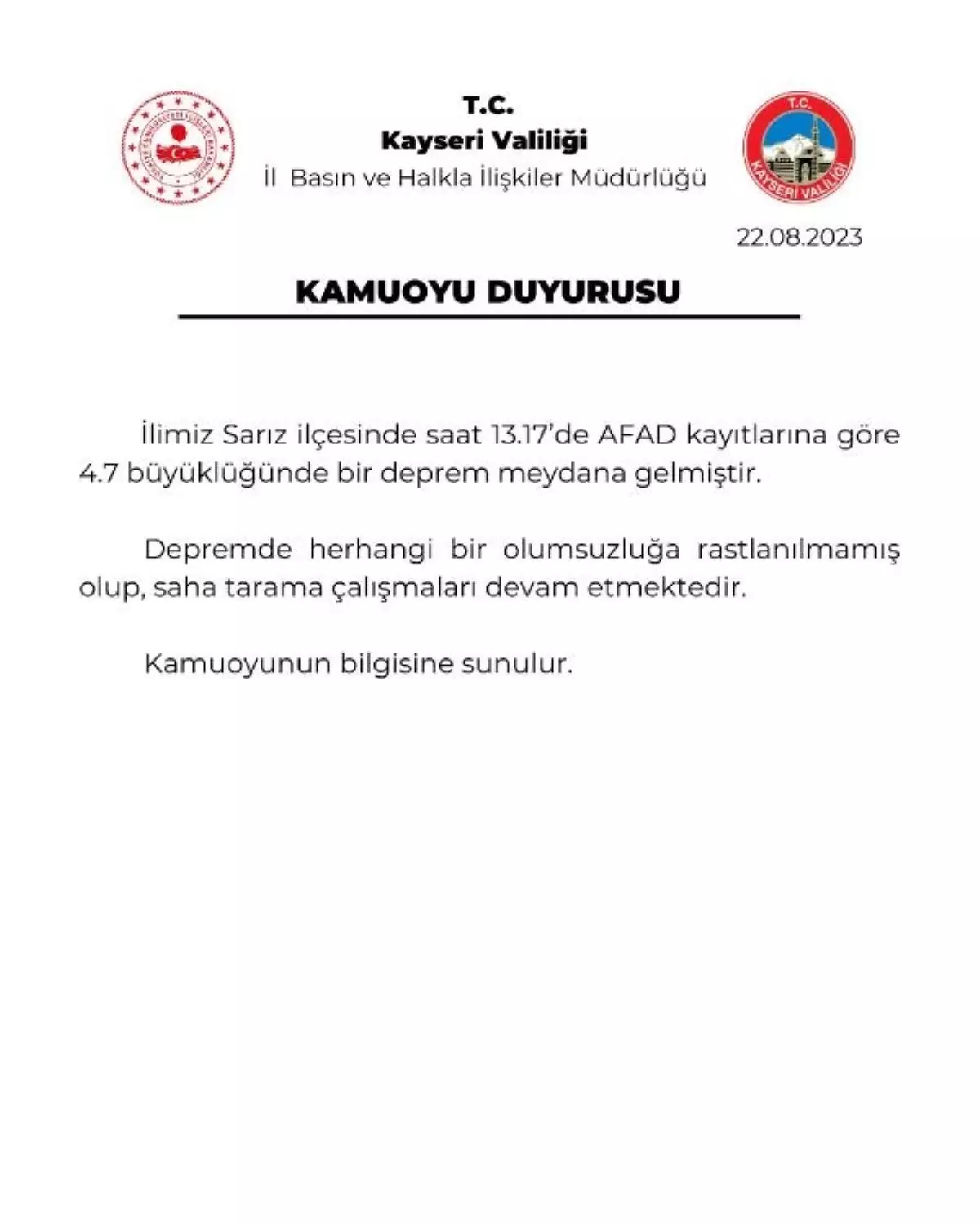 Kayseri Sarız\'da 4.7 Büyüklüğünde Deprem Meydana Geldi