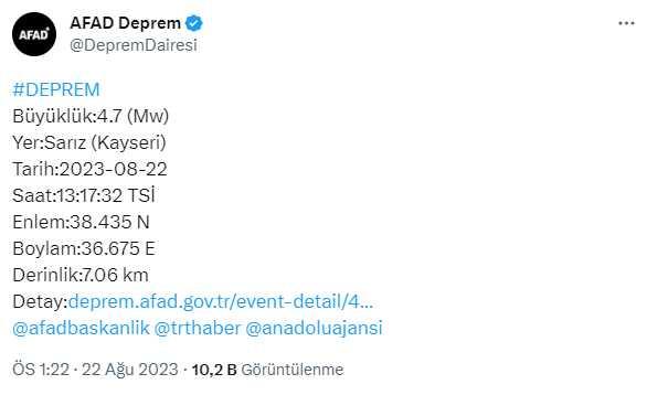 Son Dakika! Kayseri'de 4.7 büyüklüğünde deprem