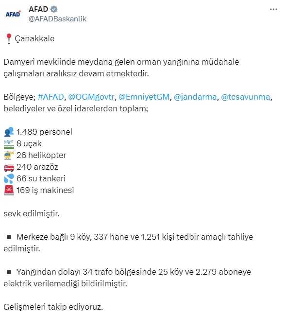 AFAD: Çanakkale'deki yangına bin 489 personel, 8 uçak, 26 helikopter sevk edildi AFAD: Çanakkale'deki yangına bin 489 personel, 8 uçak, 26 helikopter sevk edildi