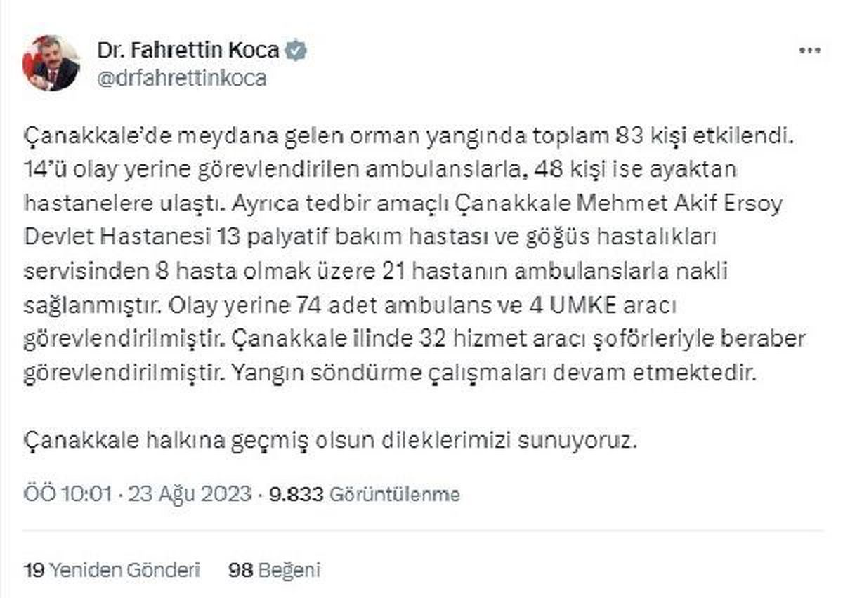 Çanakkale\'deki Orman Yangınında 83 Kişi Etkilendi