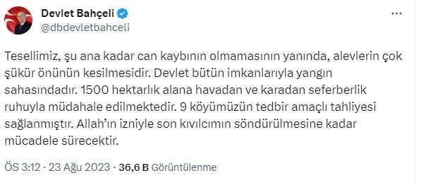 MHP Genel Başkanı Bahçeli: 'Bazı alçakların yangının imar rantı gayesiyle çıkarıldığını iddia etmeleri şerefsiz bir bühtandır' MHP Genel Başkanı Bahçeli: 'Bazı alçakların yangının imar rantı gayesiyle çıkarıldığını iddia etmeleri şerefsiz bir bühtandır'