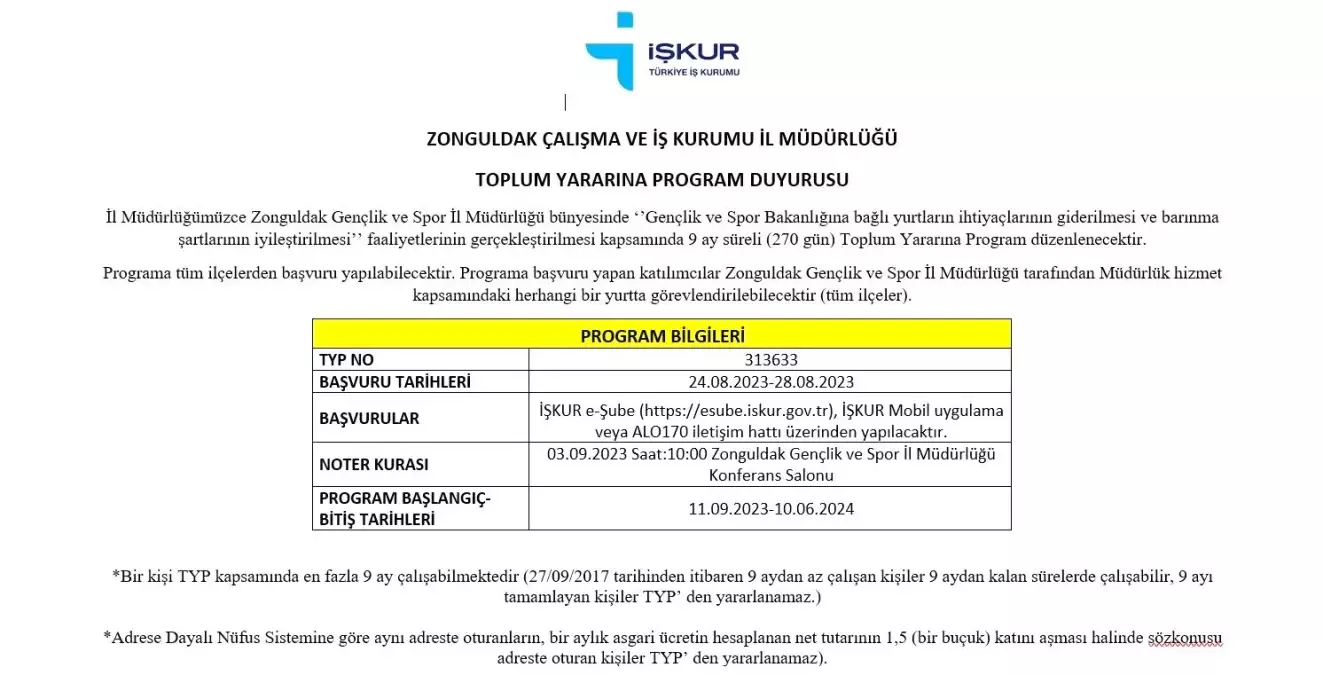 Zonguldak Gençlik ve Spor İl Müdürlüğü 9 Ay Süreli 24 Kişilik TYP Başvuruları Başladı