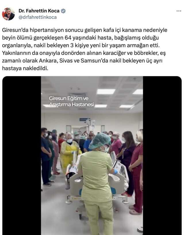 Giresun'da Hipertansiyon Sonucu Beyin Ölümü Gerçekleşen Hastanın Organları 3 Hastaya Nakledildi