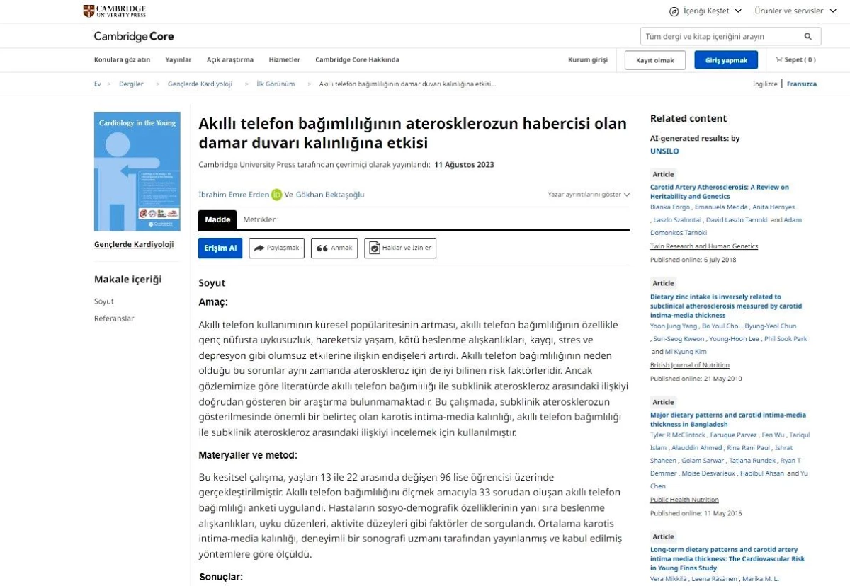 Öğrencinin akıllı telefon bağımlılığı ile damar kalınlığı arasındaki ilişkiyi incelediği proje Cambridge University Press\'te yayımlandı