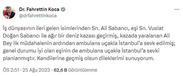 Sağlık Bakanı Koca'dan deniz kazası geçiren Sabancı çiftiyle ilgili açıklama