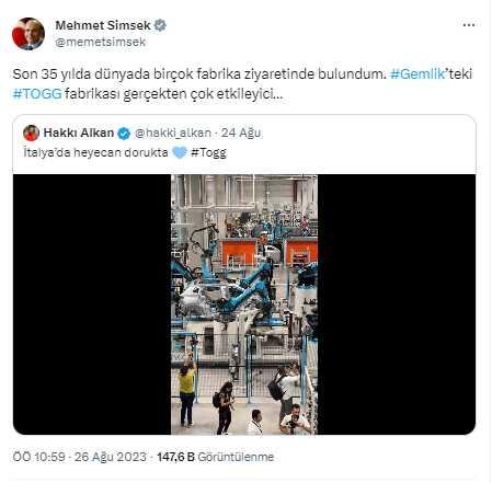 Bakan Şimşek'ten Togg paylaşımı: Fabrika çok etkileyici