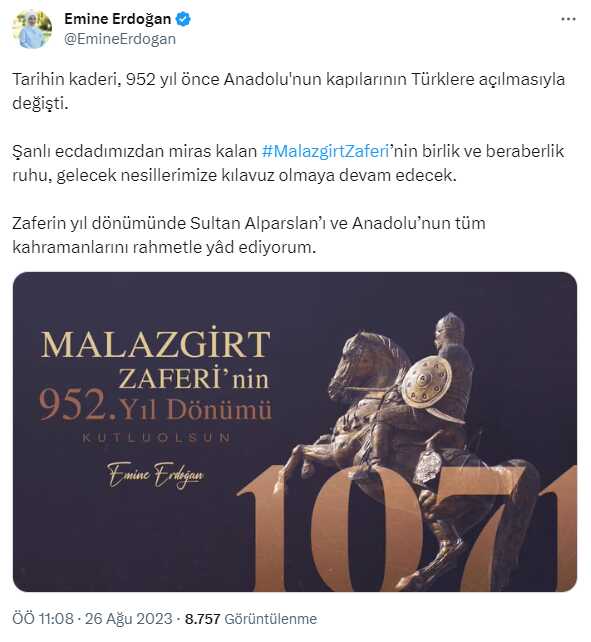 Emine Erdoğan, Malazgirt Zaferi'ni kutladı: Ruhu, gelecek nesillerimize kılavuz olmaya devam edecek Emine Erdoğan, Malazgirt Zaferi'ni kutladı: Ruhu, gelecek nesillerimize kılavuz olmaya devam edecek