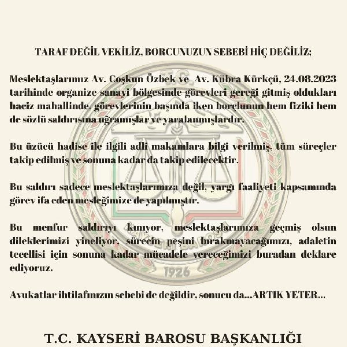 Kayseri Barosu\'ndan Kınama