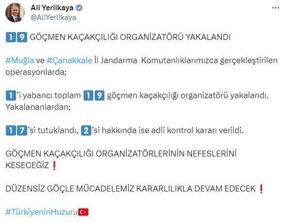 İçişleri Bakanı: 19 Göçmen Kaçakçılığı Organizatörü Yakalandı