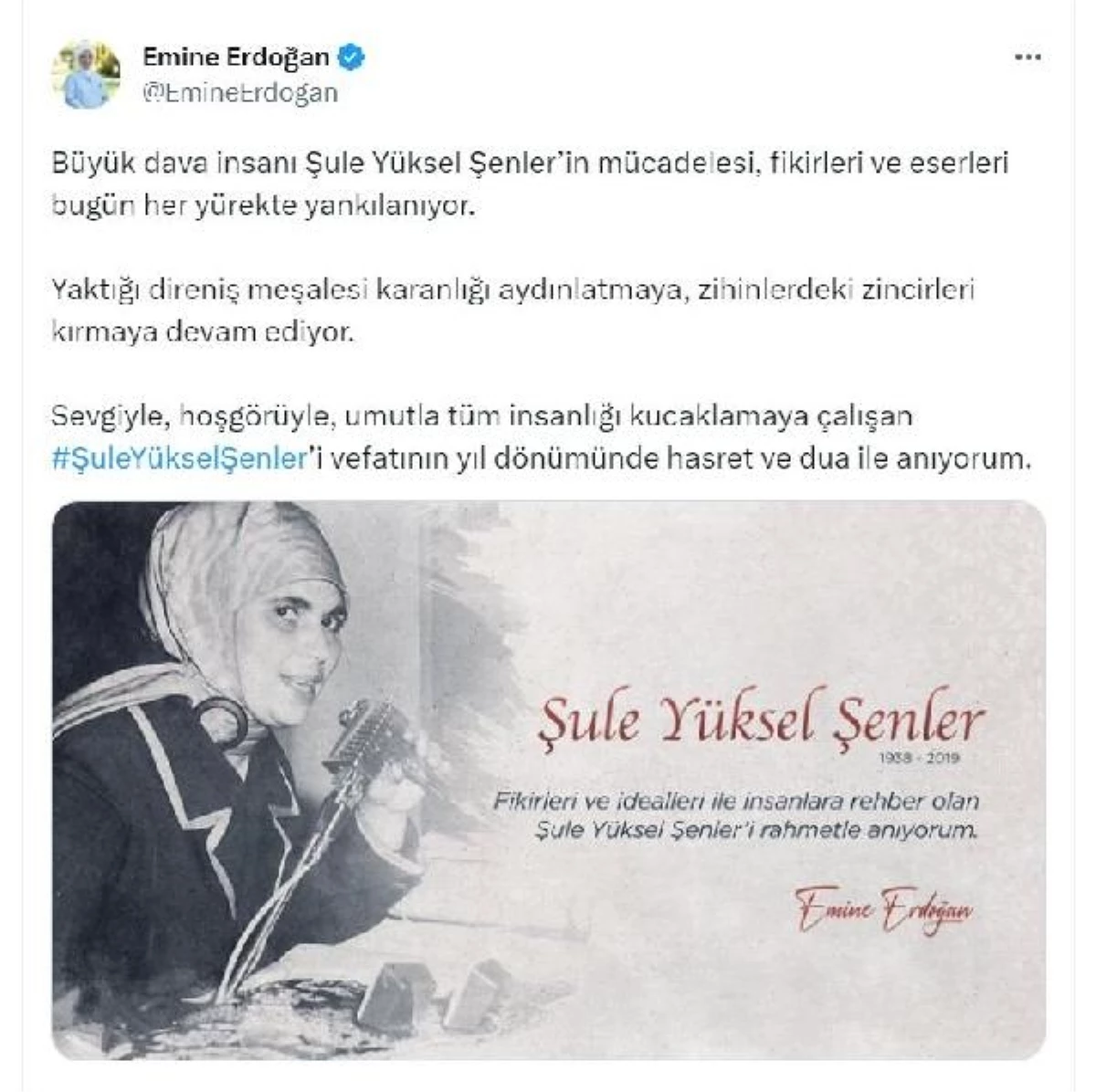 Emine Erdoğan, Şule Yüksel Şenler\'i andı