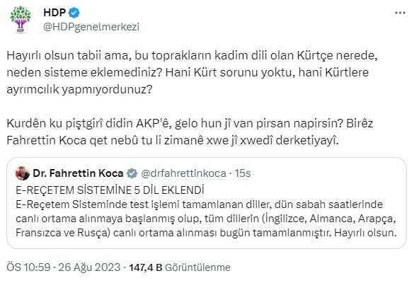 HDP'nin e-Reçete'ye yönelik Kürtçe tepkisine Sağlık Bakanı Fahrettin Koca'dan yanıt geldi