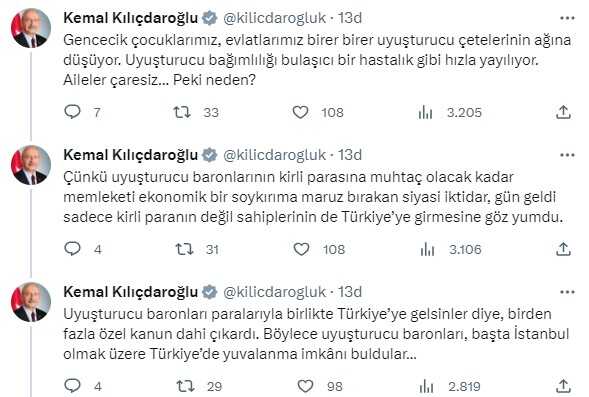 Kılıçdaroğlu uyuşturucuyla ilgili onlarca cümle kurdu, paylaşımın altına 'İstifa et' yorumu yağdı Kılıçdaroğlu uyuşturucuyla ilgili onlarca cümle kurdu, paylaşımın altına 'İstifa et' yorumu yağdı