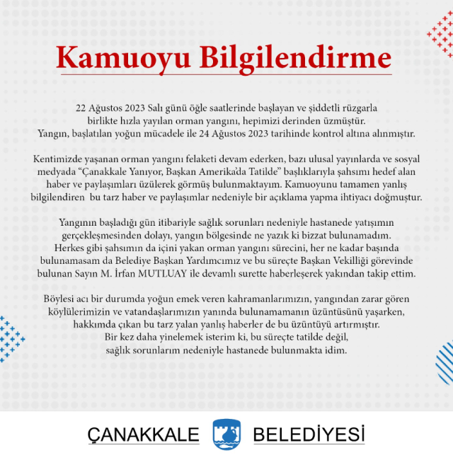 Yangın sırasında tatile çıktığı iddia edilen Çanakkale Belediye Başkanı Ülgür Gökhan hastanede yattığı ortaya çıktı