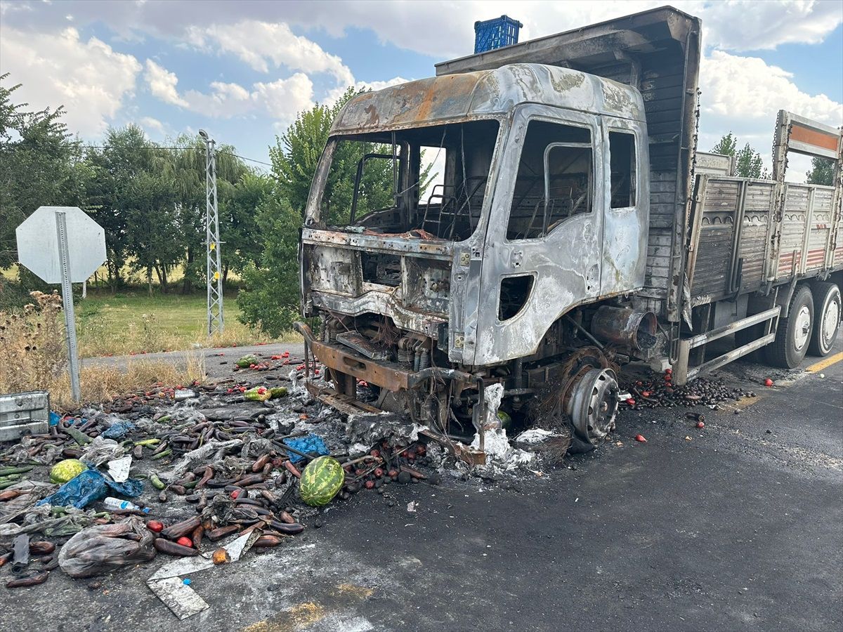 Kars\'ta seyir halindeyken yangın çıkan sebze yüklü kamyon kullanılamaz hale geldi