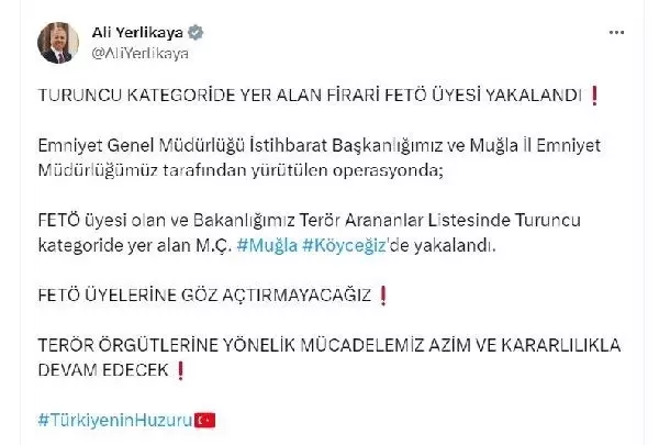 Turuncu kategoride aranan FETÖ üyesi, Muğla'da yakalandı Turuncu kategoride aranan FETÖ üyesi, Muğla'da yakalandı