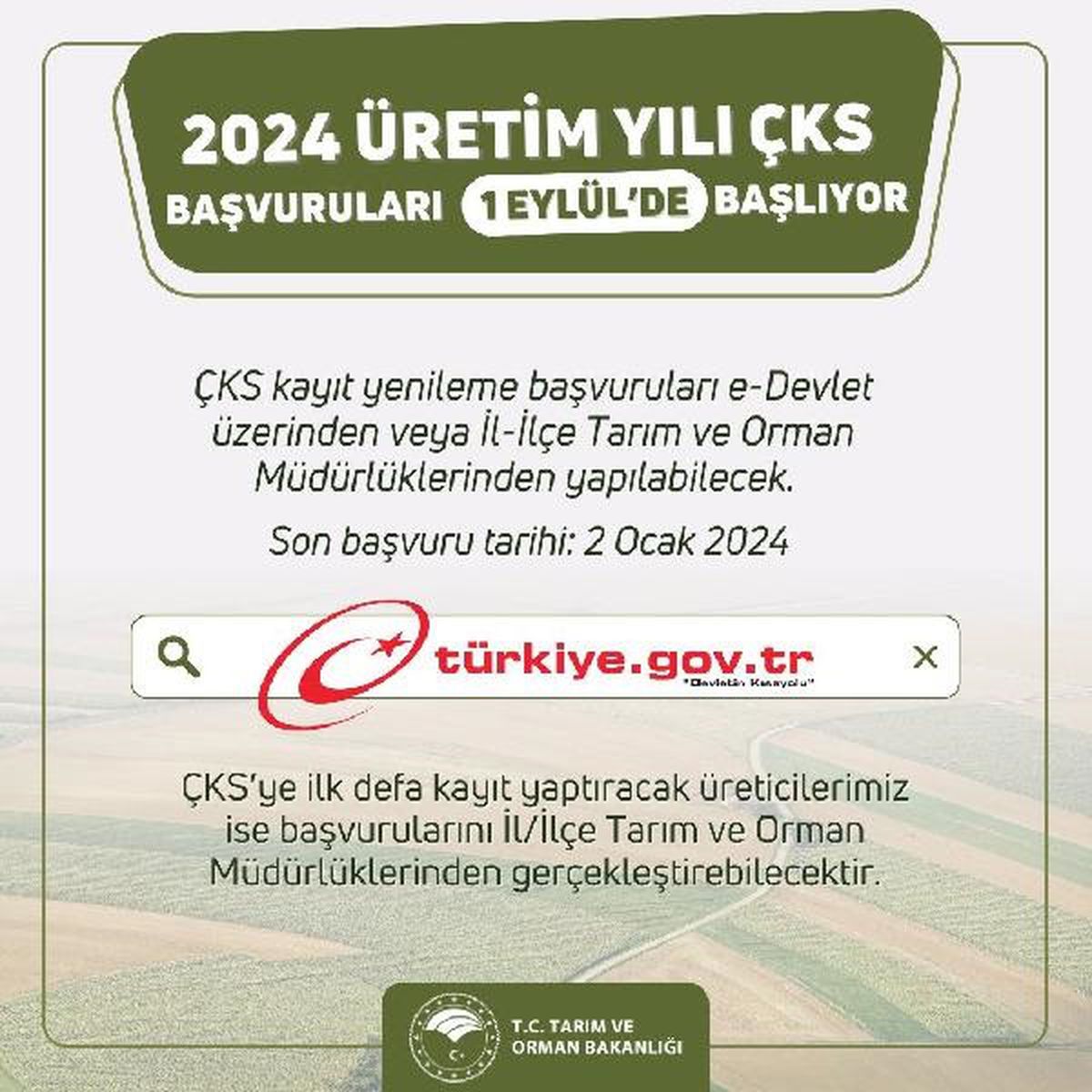 Çiftçi Kayıt Sistemi (ÇKS) 2024 Üretim Yılı Kayıt Yenileme Başvuruları Başlıyor