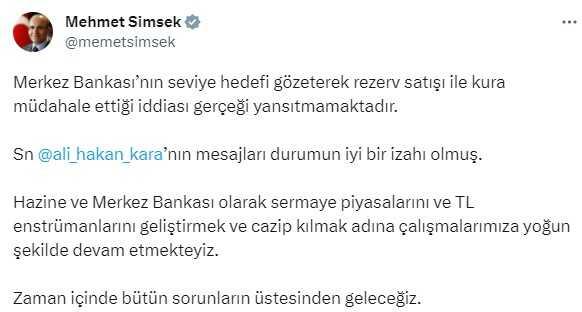 'Merkez Bankası rezerv satışı ile kura müdahale etti' iddiasını Bakan Şimşek yalanladı: Gerçeği yansıtmıyor