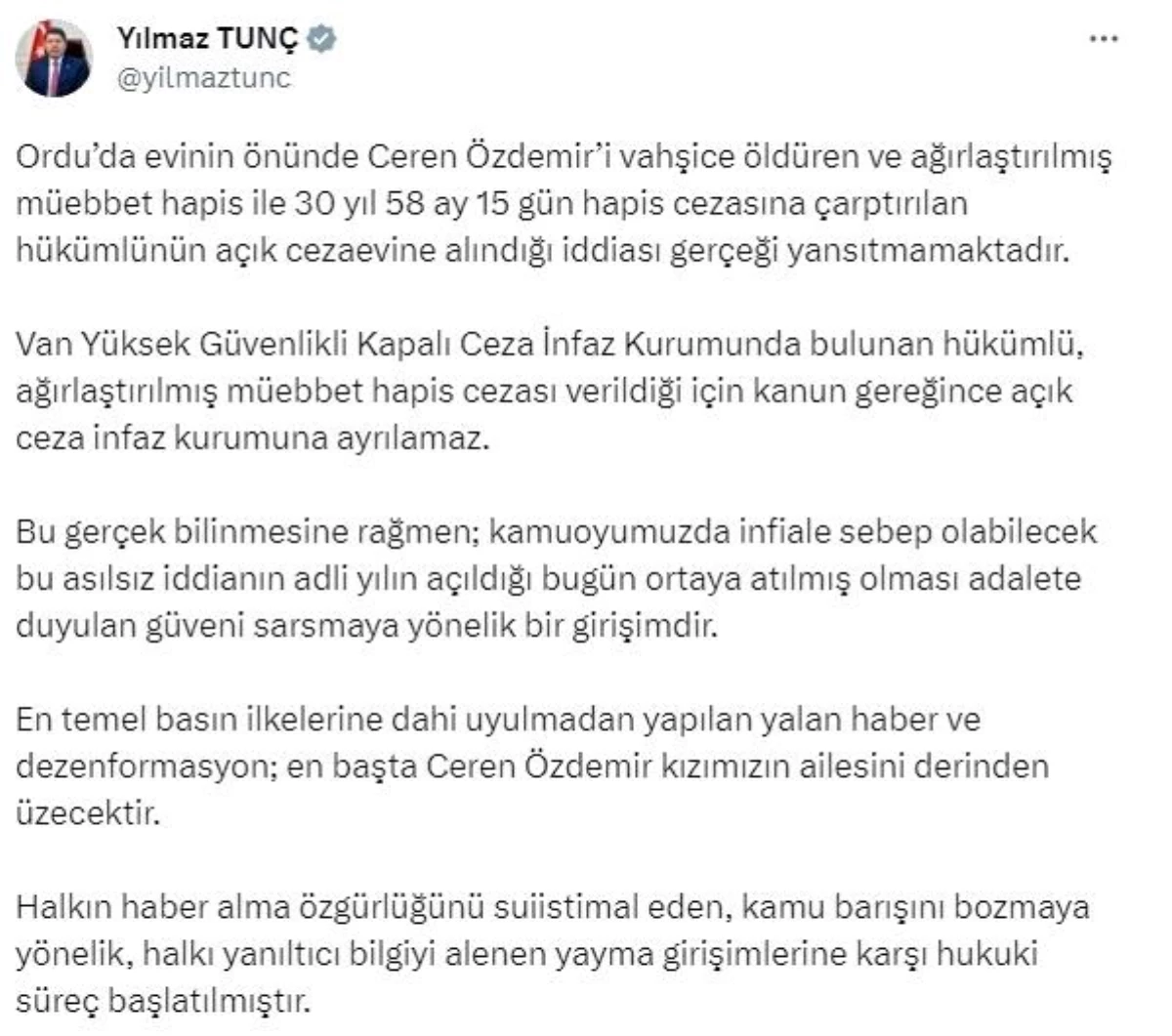 Adalet Bakanı Yılmaz Tunç: Ceren Özdemir\'i öldüren hükümlü açık cezaevine alınmadı