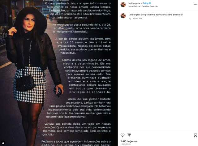 Brezilyalı fenomen Larissa Borges, geçirdiği kalp krizi sonucu hayatını kaybetti Brezilyalı fenomen Larissa Borges, geçirdiği kalp krizi sonucu hayatını kaybetti