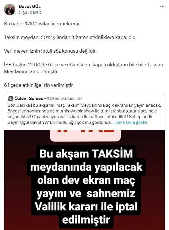 İstanbul Valiliği, Türkiye Bayan Milli Voleybol Takımı'nın final maçının Taksim'de canlı yayınlanmasına izin vermedi