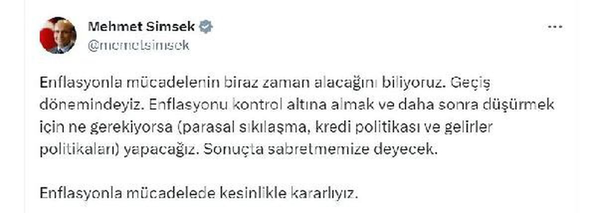 Hazine ve Maliye Bakanı Mehmet Şimşek: Enflasyonla Mücadelede Kararlıyız