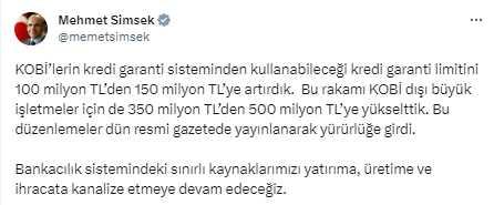 Bakan Şimşek'ten KOBİ'lerin kredi garanti limitinin artırılmasına ilk yorum: Kaynaklarımızı yatırıma, üretime ve ihracata kanalize edeceğiz