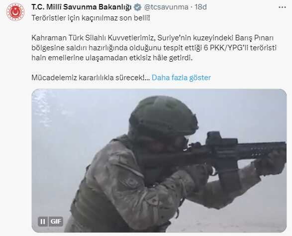 Barış Pınarı bölgesinde saldırı hazırlığında olan 6 PKK/YPG'li terörist etkisiz hale getirildi Barış Pınarı bölgesinde saldırı hazırlığında olan 6 PKK/YPG'li terörist etkisiz hale getirildi