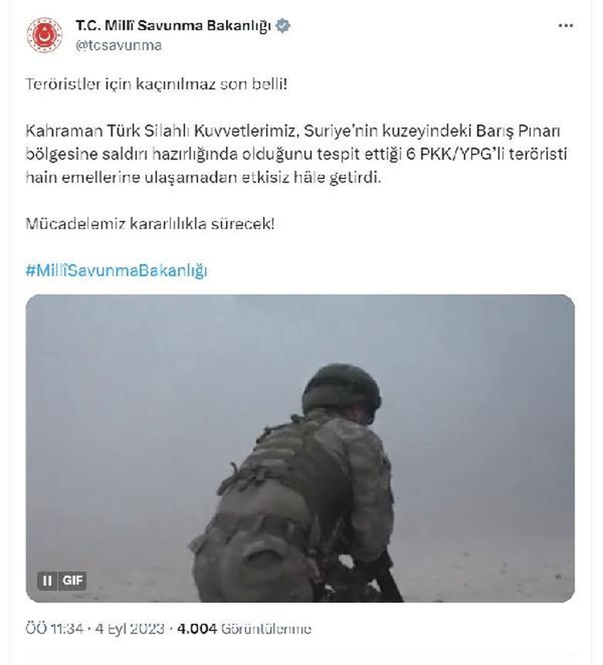 MSB: Barış Pınarı bölgesine saldırı hazırlığında olan 6 PKK/YPG\'li terörist etkisiz hale getirildi