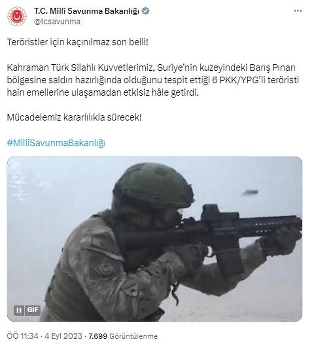 MSB: "Teröristler için kaçınılmaz son belli! Kahraman Türk Silahlı Kuvvetlerimiz, Suriye\'nin kuzeyindeki Barış Pınarı bölgesine saldırı hazırlığında...