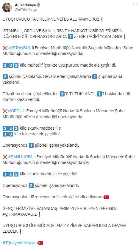 Yerlikaya operasyonun görüntülerini paylaştı! İstanbul, Ordu ve Şanlıurfa'da 7 zehir taciri böyle yakalandı Yerlikaya operasyonun görüntülerini paylaştı! İstanbul, Ordu ve Şanlıurfa'da 7 zehir taciri böyle yakalandı