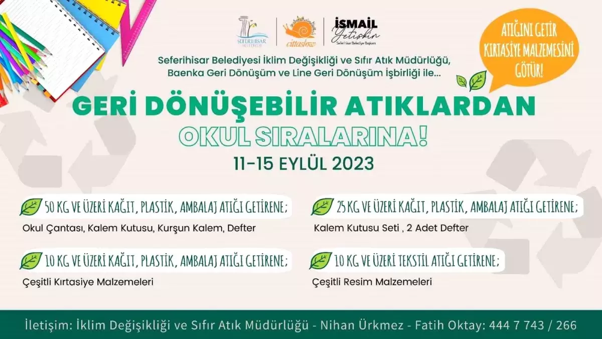 Seferihisar Belediyesi Sıfır Atık Projesiyle Okul Malzemesi Dağıtacak