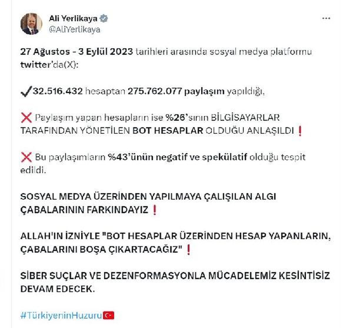 İçişleri Bakanı Yerlikaya: Sosyal medyadaki bot hesapların çabalarını boşa çıkartacağız