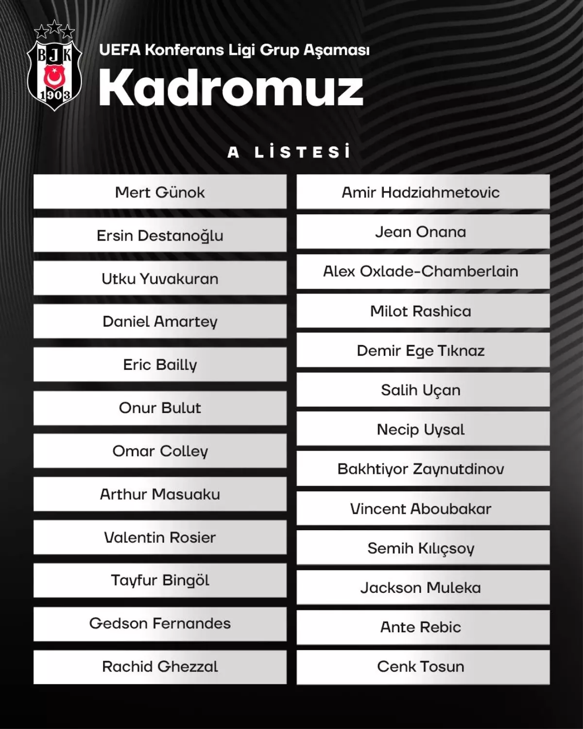 Beşiktaş, UEFA Avrupa Konferans Ligi kadrosunu açıkladı