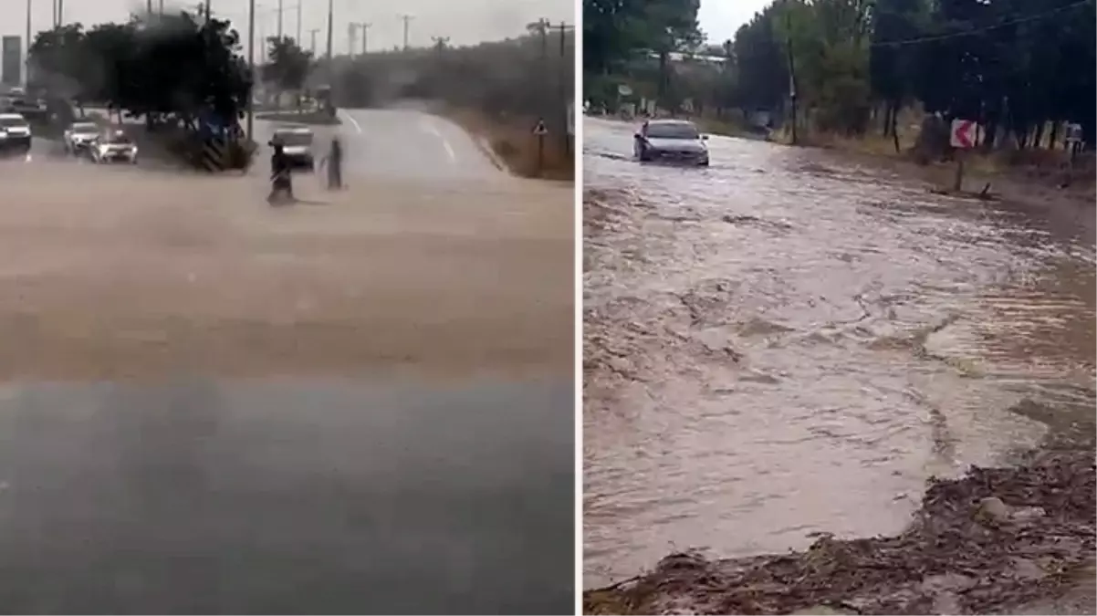 Çanakkale\'de yağışla birlikte dere yatağı taştı, kara yolu ulaşıma kapandı