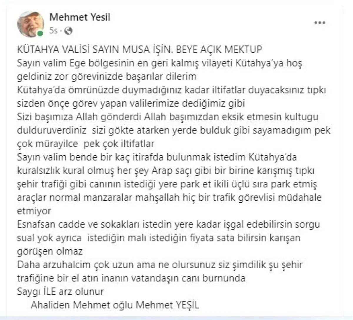 Kütahyalı Mehmet Yeşil\'den Vali Musa Işın\'a Gülümseten Mektup