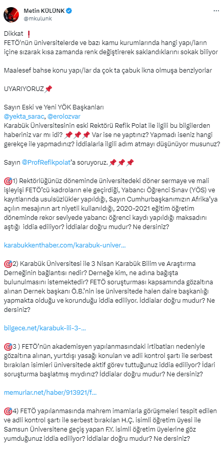 AK Partili Külünk'ten Diyanet'ten sonra bir salvo da YÖK'e
