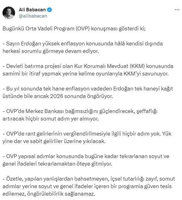 DEVA Partisi lideri Babacan'dan OVP tepkisi: Erdoğan, tek hane enflasyonu kağıt üstünde bile 2026 sonunda görüyor