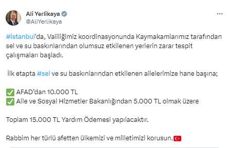Son Dakika: İstanbul'da selden etkilenen ailelere 15 bin TL para yardımı yapılacak
