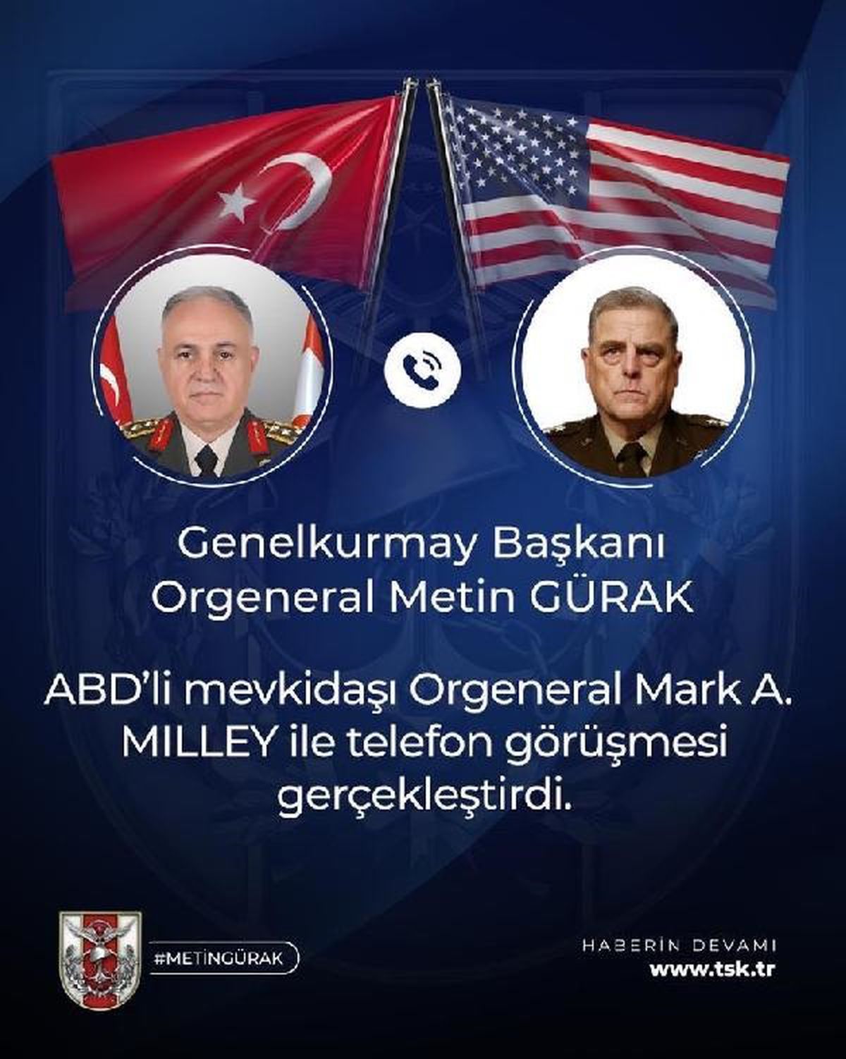 Genelkurmay Başkanı Gürak, ABD'li mevkidaşı Milley ile güncel gelişmeleri görüştü
