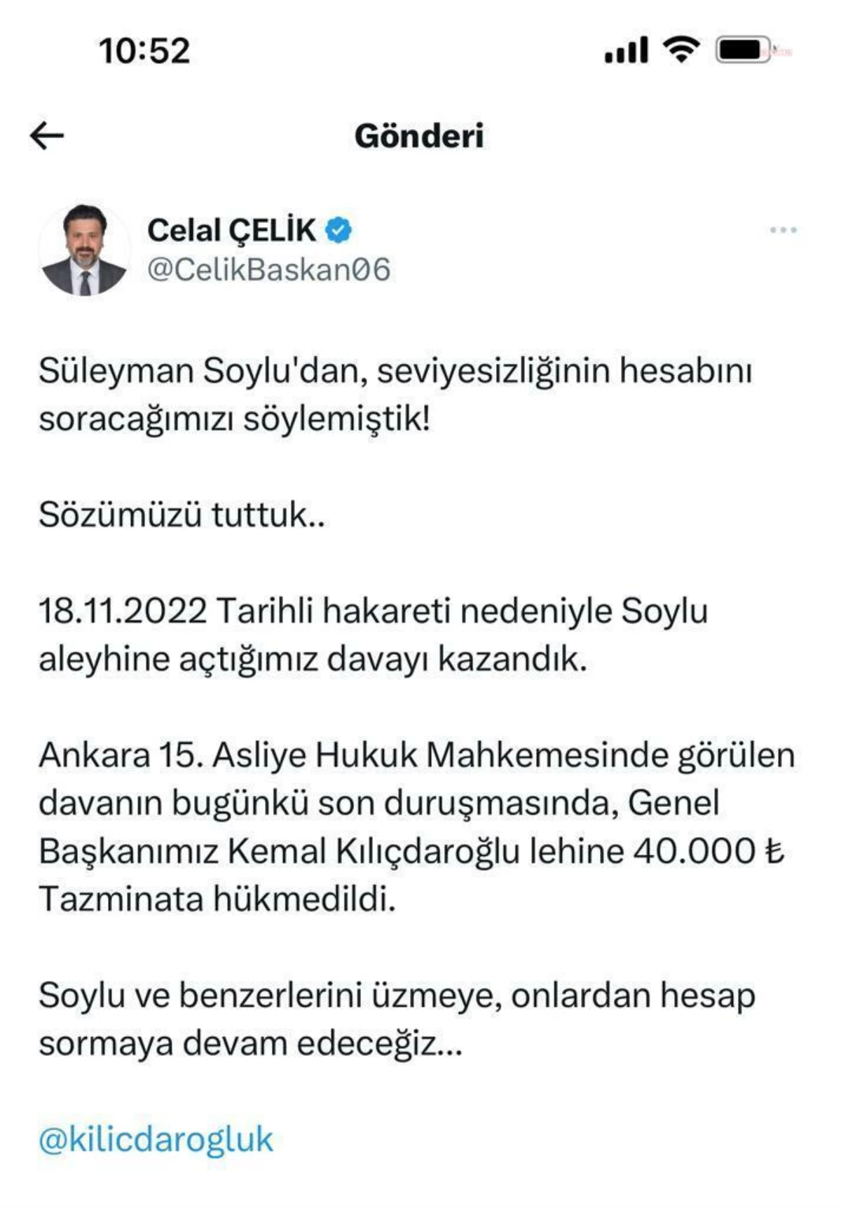 Kılıçdaroğlu, Soylu\'ya karşı dava kazandı