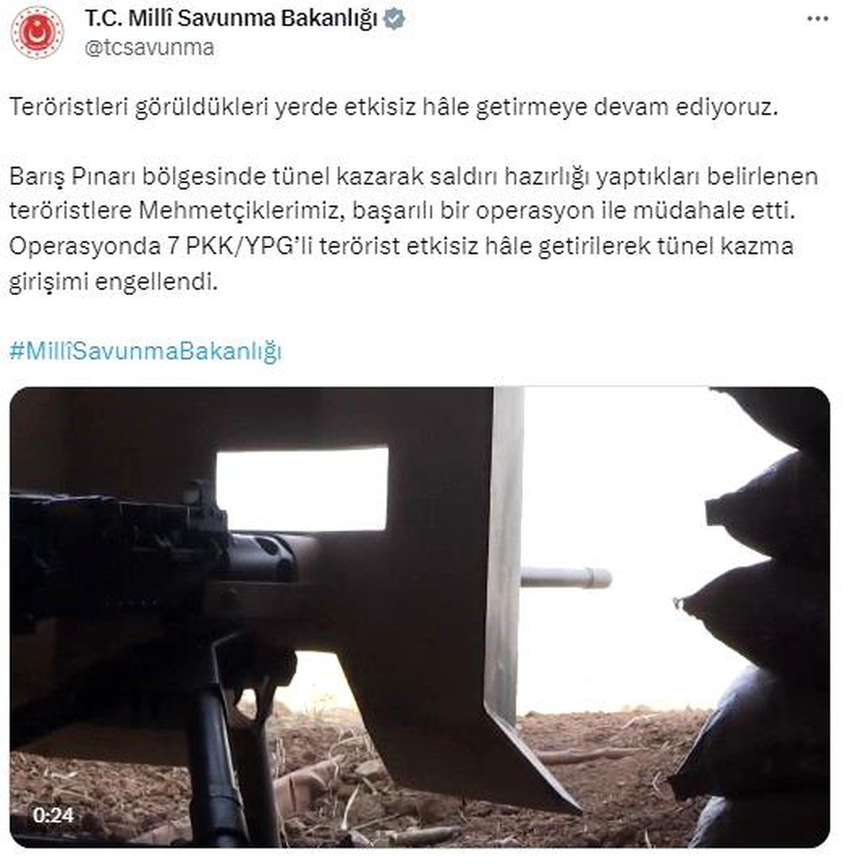 Barış Pınarı bölgesinde tünel kazma hazırlığı yapan 7 PKK\'lı terörist etkisiz hale getirildi